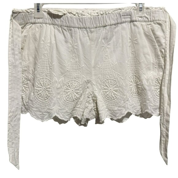 LOFT White Embroidered Scalloped Hem High Rise Fabric Tie Waist Shorts Sz Lg - Picture 1 of 7